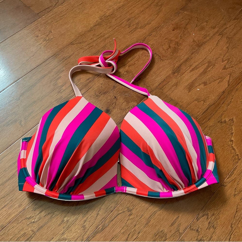 Shade and Shore Pink, Navy Retro Stripe Halter Tie Underwire Swim Top Size 38 DD